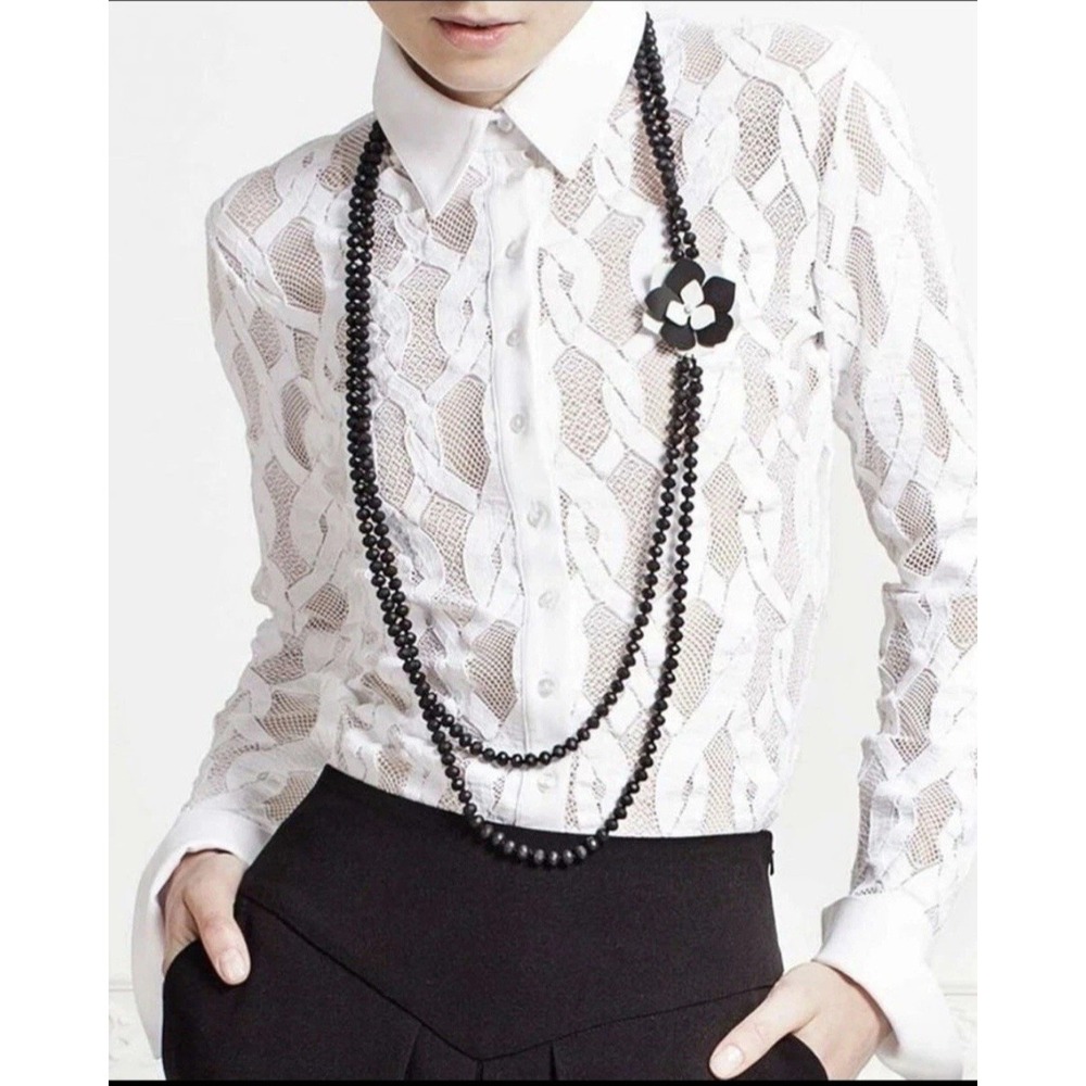 Anne Fontaine Rosa Shirt Womens Size 42 White Lace Abstract Stretch Long Sleeve